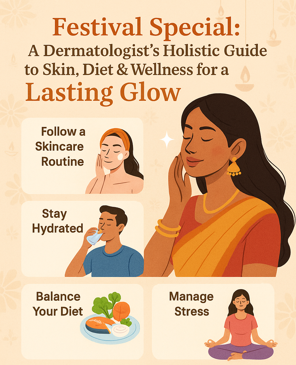 Festive-themed wellness scene at Aura Skin Care Vyara showing a dermatologist consulting a smiling woman, surrounded by glowing skincare elements, healthy foods, candles, and yoga symbols with warm golden lighting and Indian festive decor.